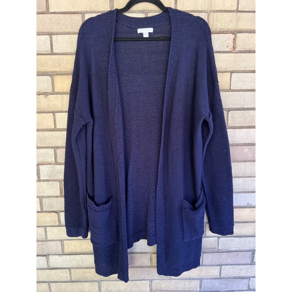 New York & Company Navy Cotton Bld Woven Open Front Knit Cardigan Sweater Sz XL